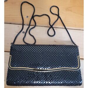 Vintage Black Mesh Clutch Evening Bag Gold Trim Chain Strap